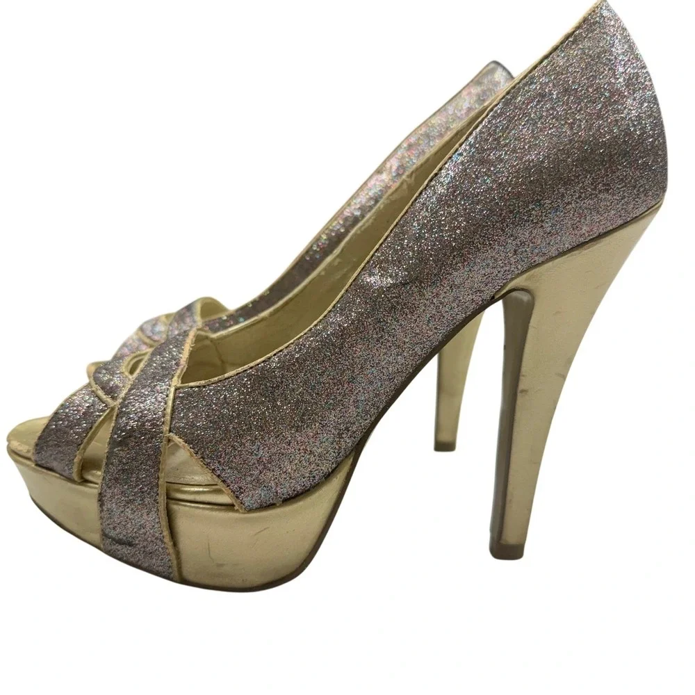 G By Guess Glitter Peep‎ Toe Platform Stiletto Heels Sparkly Gold Working Club